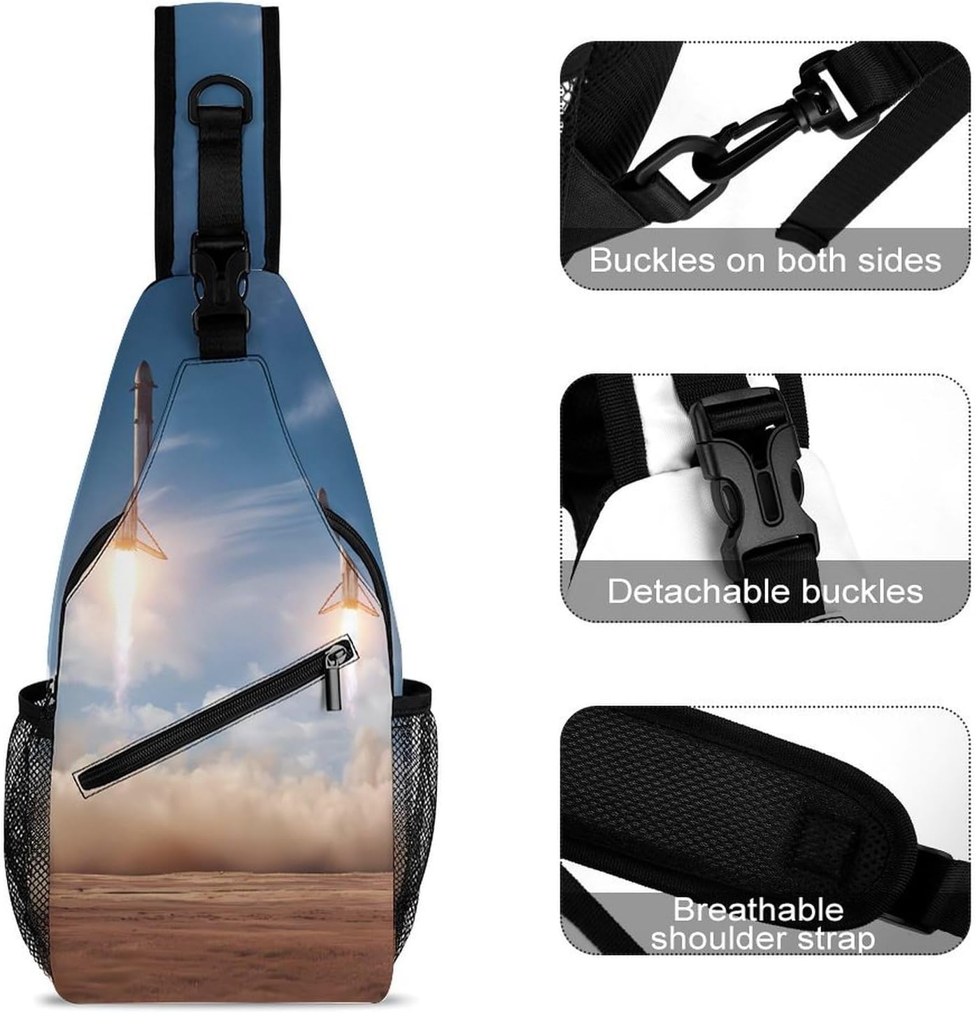 Spacees Falcon Heavy Boosters Men Crossbody Sling Backpack Chest Bag | Travel Fanny Pack,Hiking Daypack,Print Shoulder Bags