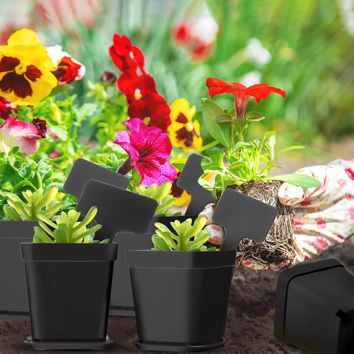Zubebe 140 Pcs Plastic Plant Pots with Saucers, T Type Plant Labels, and Marking Pen for Indoor and Outdoor Use, Black