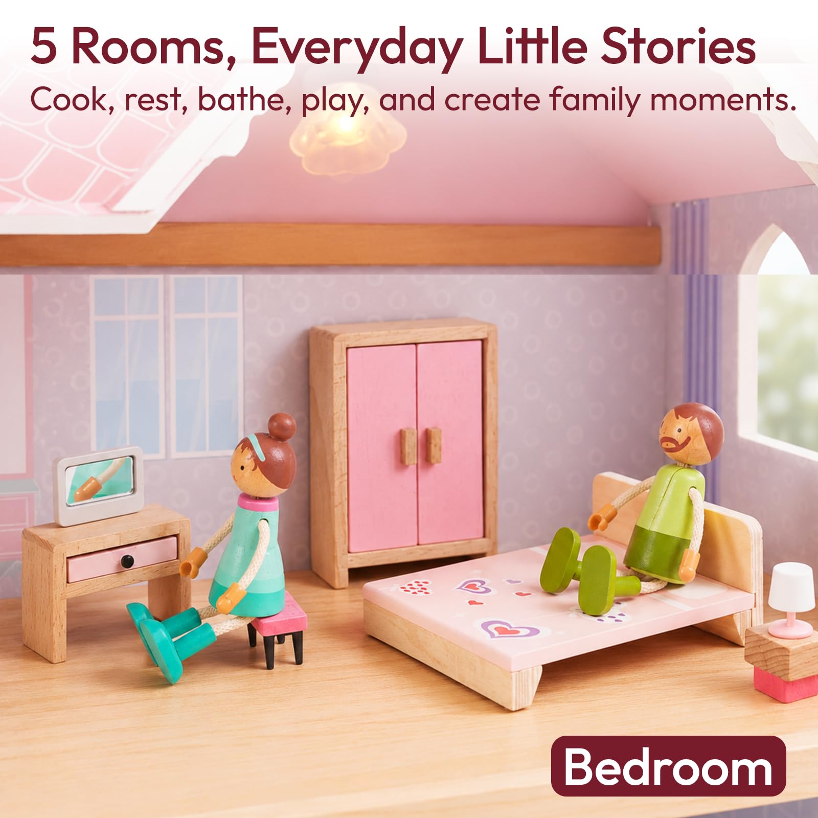 Giant bean Set di mobili per casa delle bambole in legno con bambole per 5 stanze, accessori per casa delle bambole rosa in legno e plastica, 36 pezzi, giocattoli per giochi di Natale, regalo di