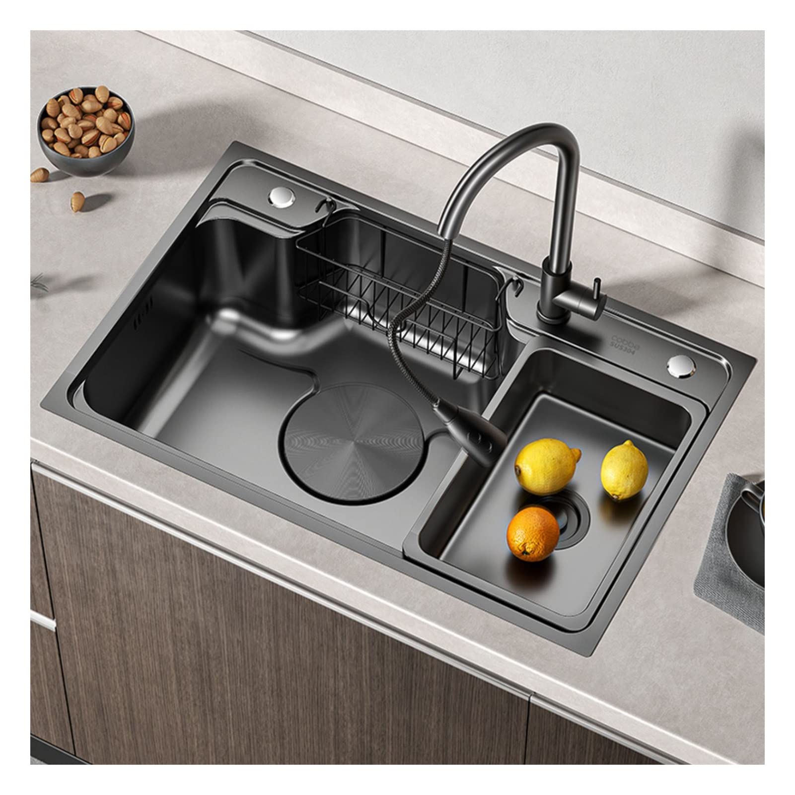 SDdPulse Waterfall Kitchen Sink with Pull Out Tap and Basin 75 x 48 cm Black