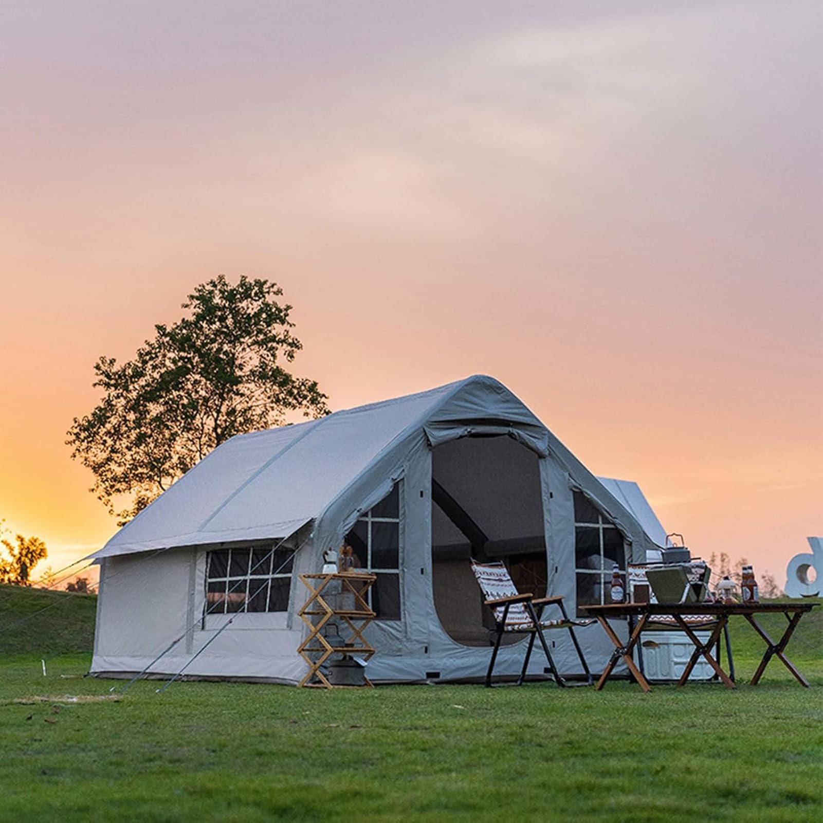 Tente De Camping Gonflable avec Ouverture De Cheminée, Tente Gonflable, Grande Tente Extérieure Imperméables avec Pompe À Air pour 6-8 Personnes, Tente Camping Familiale, Protection UPF 50+