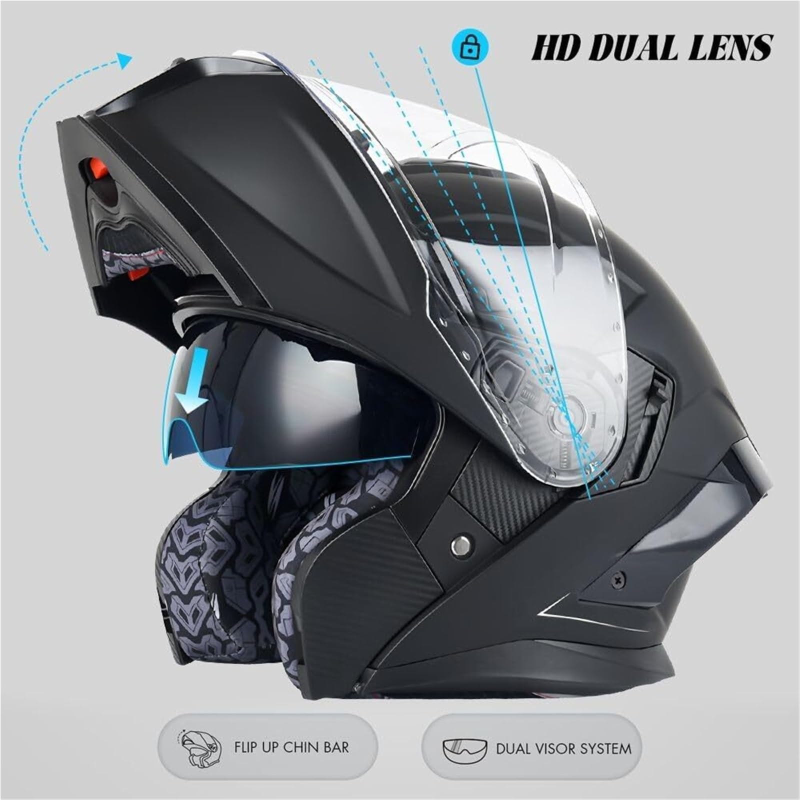 Casco de Motocicleta abatible con Bluetooth, Viseras duales integradas y micrófono, Casco Modular Integral Ligero con certificación Dot/ECE(K,XL 61~62CM)