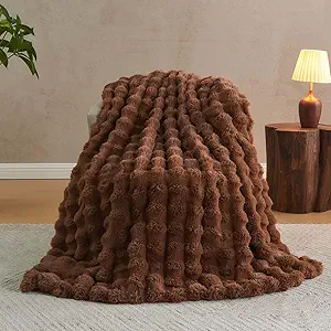 Lotus Karen Faux Fur Throw Blanket Dark Coffee - Big Bubble Rabbit Fluff Blanket for Couch Bed Sofa,Softest Fluffy Fuzzy Cozy Blanket,Thick Furry Plush Shaggy Warm Blankets for Women,50x60 Inches