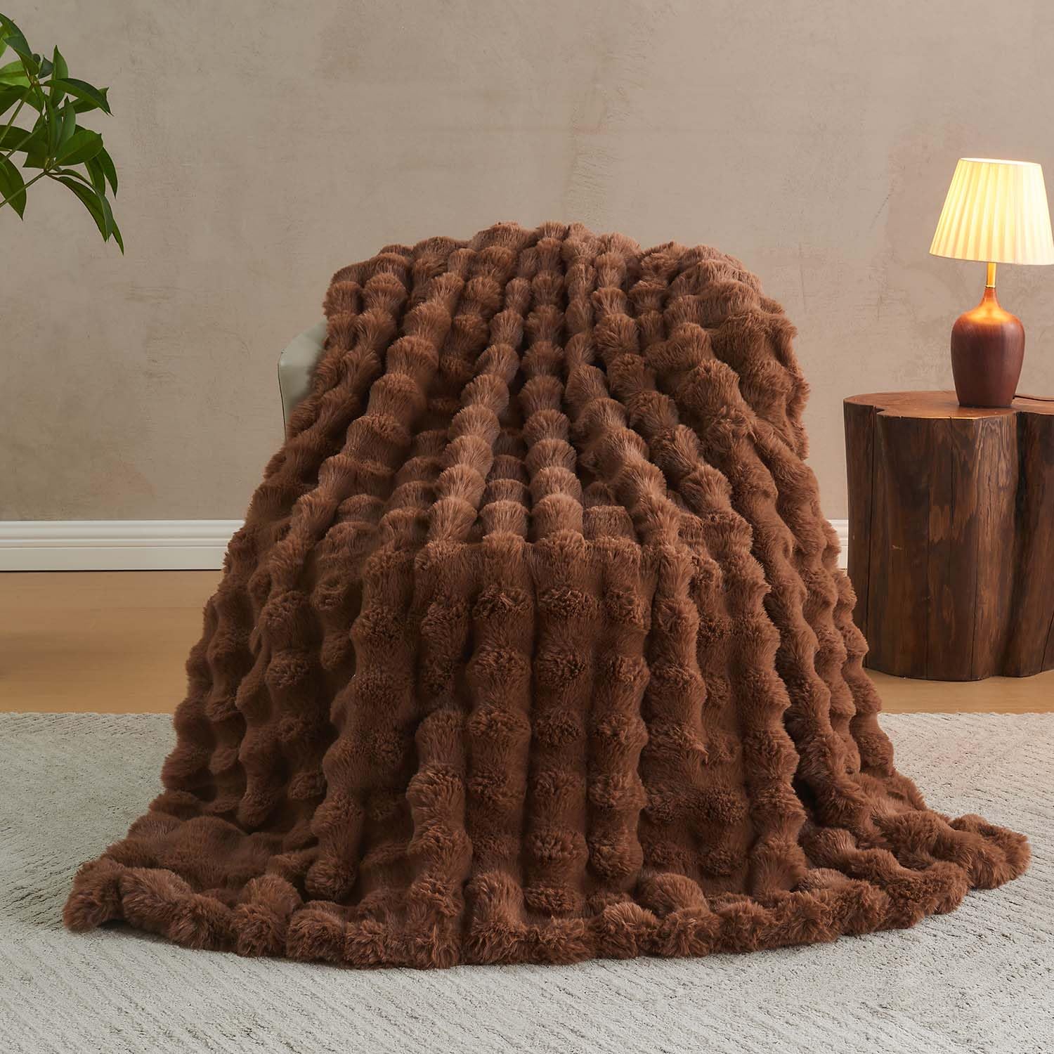 Lotus Karen Faux Fur Throw Blanket Dark Coffee - Big Bubble Rabbit Fluff Blanket for Couch Bed Sofa,Softest Fluffy Fuzzy Cozy Blanket,Thick Furry