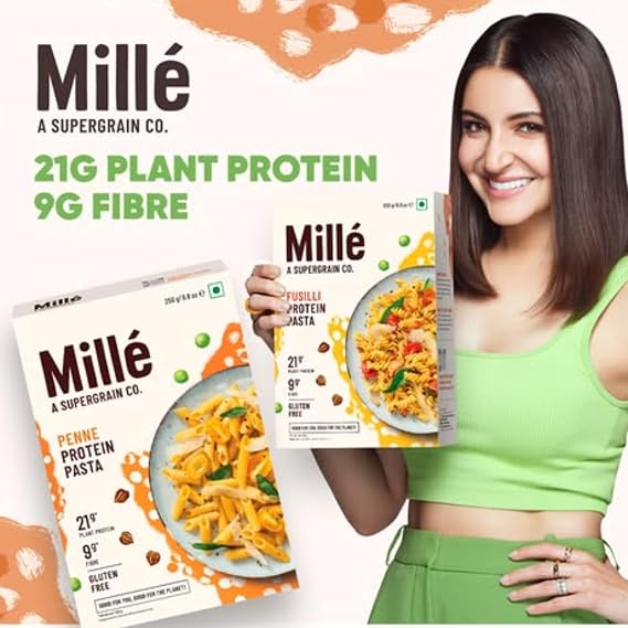 Mille High Protein Fusilli Pasta | 21g Plant Protein & 9g Fiber | Gluten-Free Supergrain Pasta for Healthy Meals | Vegan, Low-Carb & No Maida | 8.82 Oz (250g)