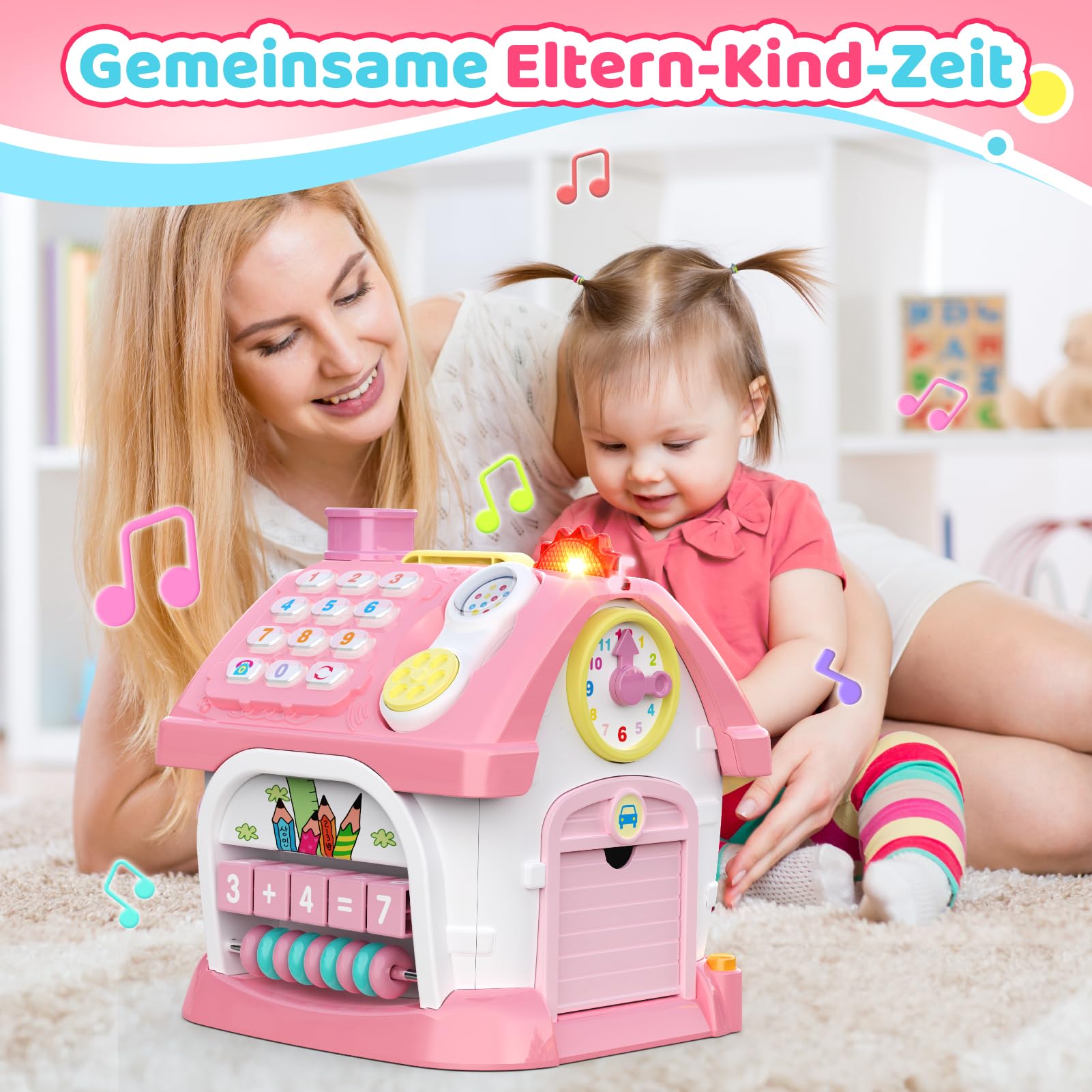 Spielzeug ab 1 2 3 Jahre Mädchen: Montessori Spielzeug ab 1 Jahr, 6 in 1 Multi-Funktions-Haus Baby-Spielzeug mit Musik, Uhr, Licht, Telefon, Auto, Geburtstag Geschenk für Mädchen 1-3 Jahre (Rosa)