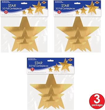 Beistle Gold 3-D Foil Star Centerpieces, 9-Count Metallic Starry Table Decorations in 3 Sizes for New Years Eve, Awards Night, Graduation, Hollywood Party, Anniversary and Celebration Events