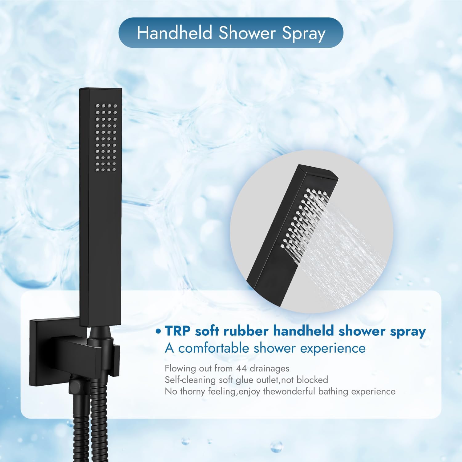 Close-up image of the handheld shower spray with its hose and wall-mounted holder.
