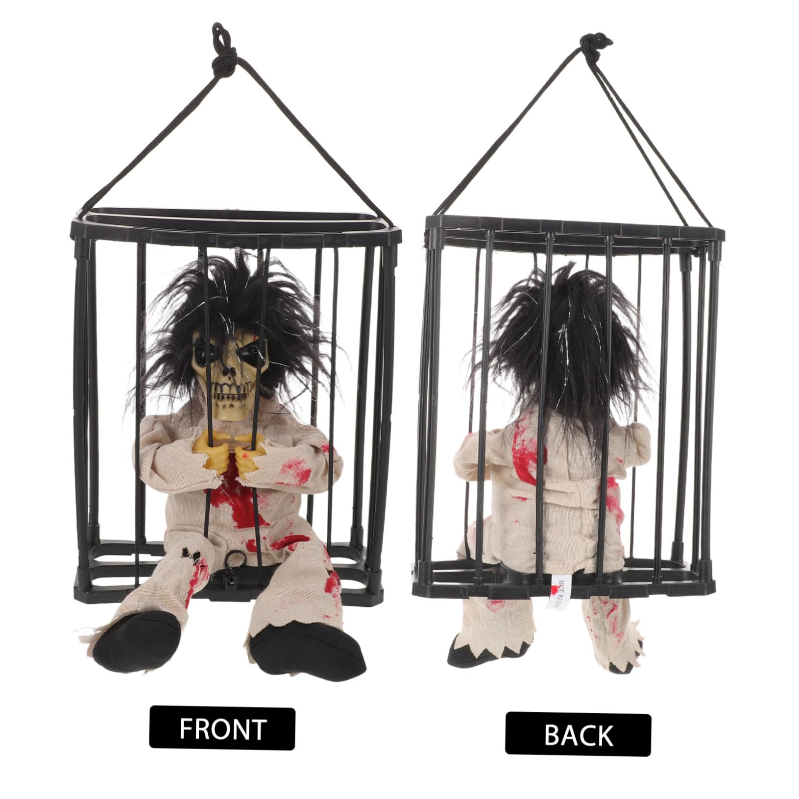Decorazione Halloween Scheletro Animato con Sensore di Movimento Gabbia Fantasma Elettrica con Effetti Sonori Spaventosi e Stampa Leopardo Addobbo Horror da Appendere per Feste e