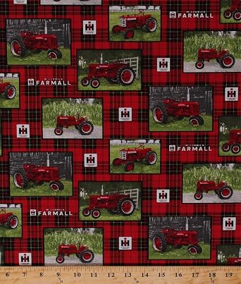 Cotton McCormick Farmall Tractors Logo Farming Farm Country Fences Farmer on Plaid Red Black Cotton Fabric Print by The Yard D688.45