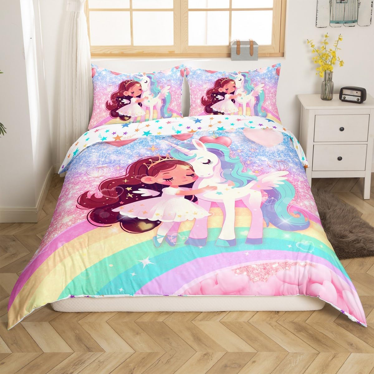 jejeloiu Kids Unicorn Duvet Cover Toddler Size,Princess Pink Unicorn Bedding Set Boys Girls Glitter Unicorn Comforter Cover Dreamy Horse Bedspread Cover Kids Room Decor 2Pcs (No Comforter)