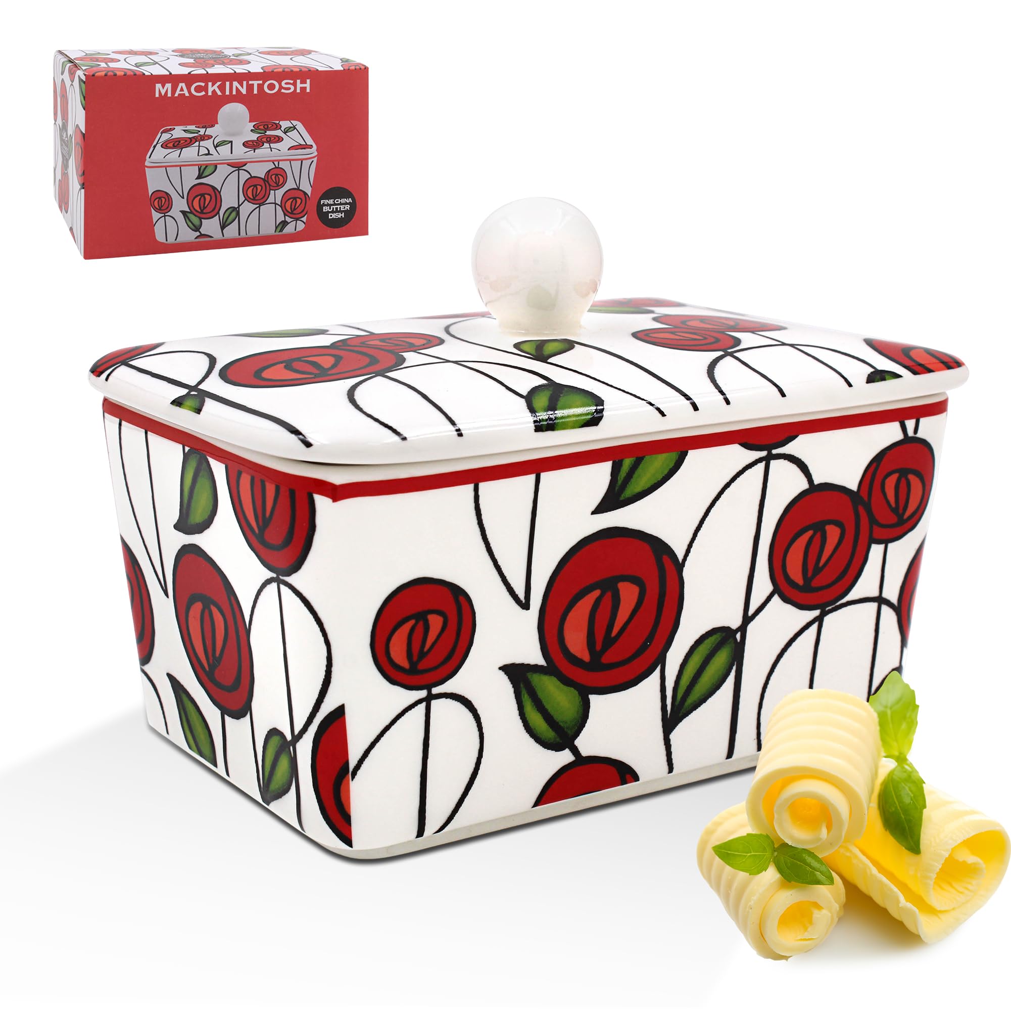 The Leonardo Collection Mackintosh Butter Dish By Charles Rennie Mackintosh | Elegant Ceramic Covered Butter Dish with Art Nouveau Design | Perfect for Everyday Use or Display | Timeless Home Décor