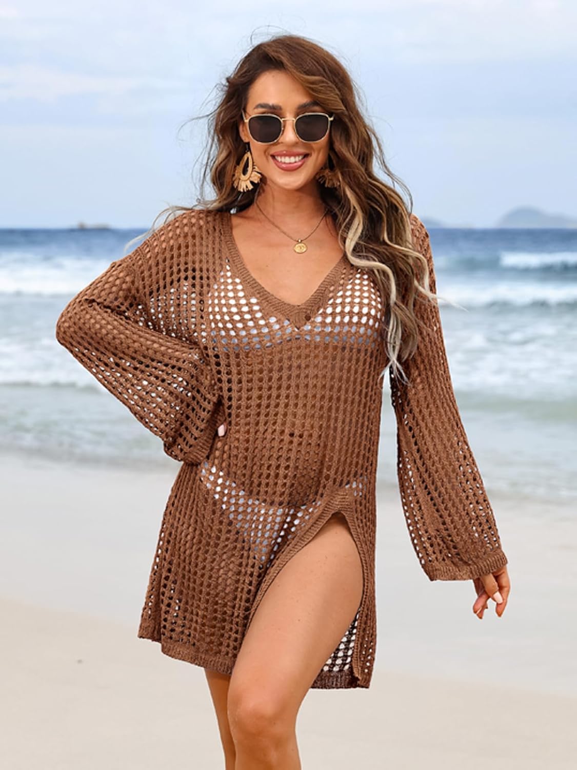 SOCIALA Swimsuit Coverup for Women Crochet Long Sleeve Bathing Suit Cover Up Loose Fit Beach Swimwear Dress - Image 6