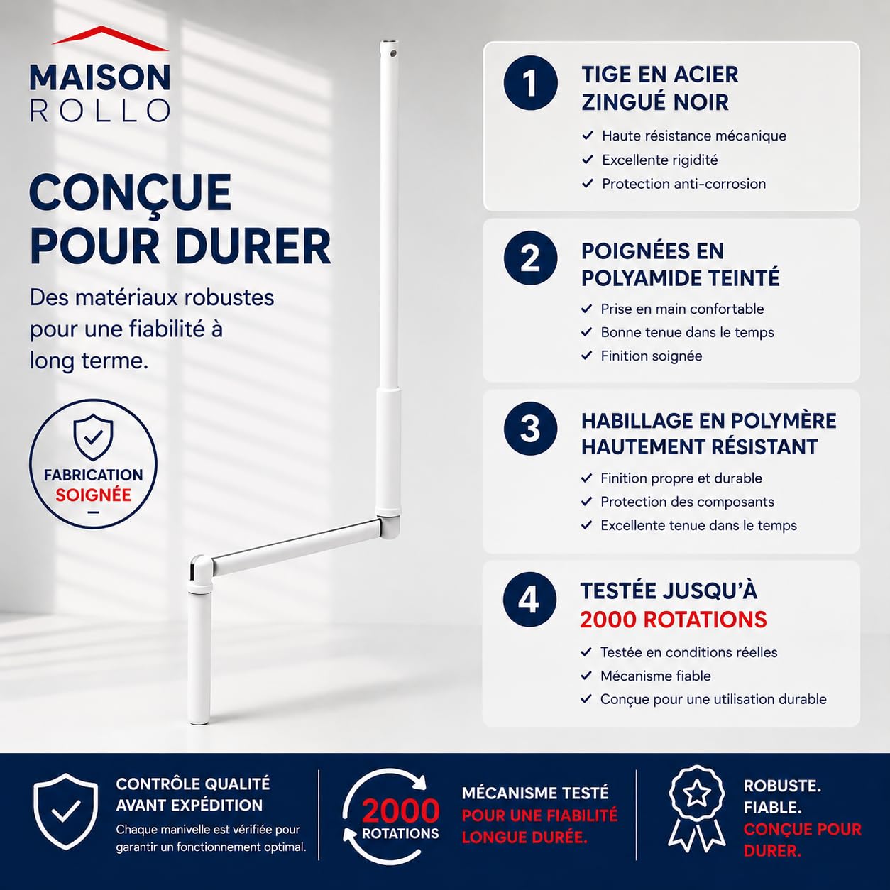 Manivela de persiana enrollable 100 cm – Manivela completa de acero lacado blanco Ø12 mm con mango ergonómico y soporte de pared – Maison Rollo