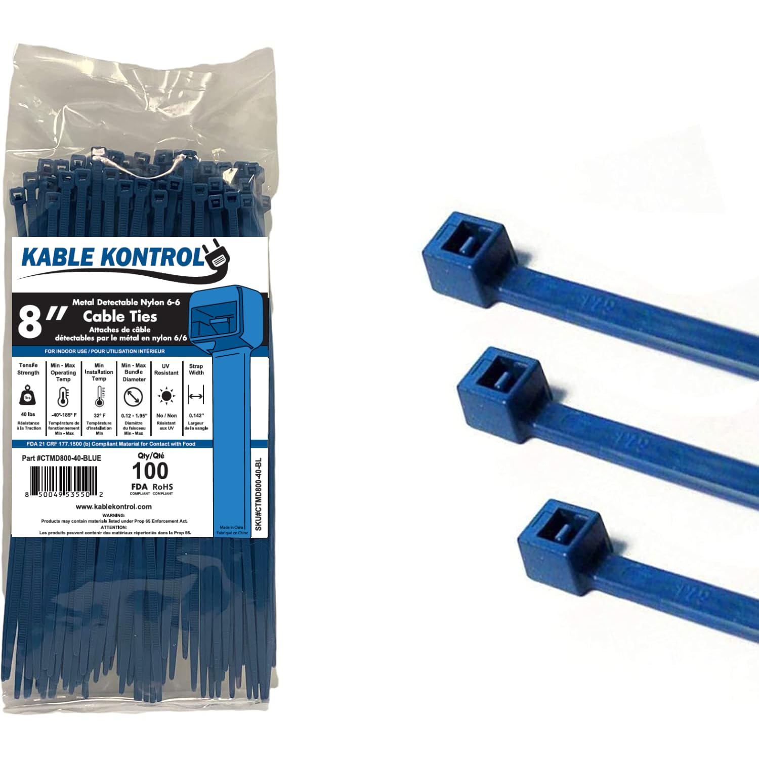 Kable Kontrol Metal Detectable Blue Cable Ties, 200 mm x 3.6 mm, Pack of 100, 8" Iron Infused Nylon Zip Ties, Multi-Purpose Tie Wraps, Secure Self-Locking Mechanism, for Home, Garden, Office and DIY