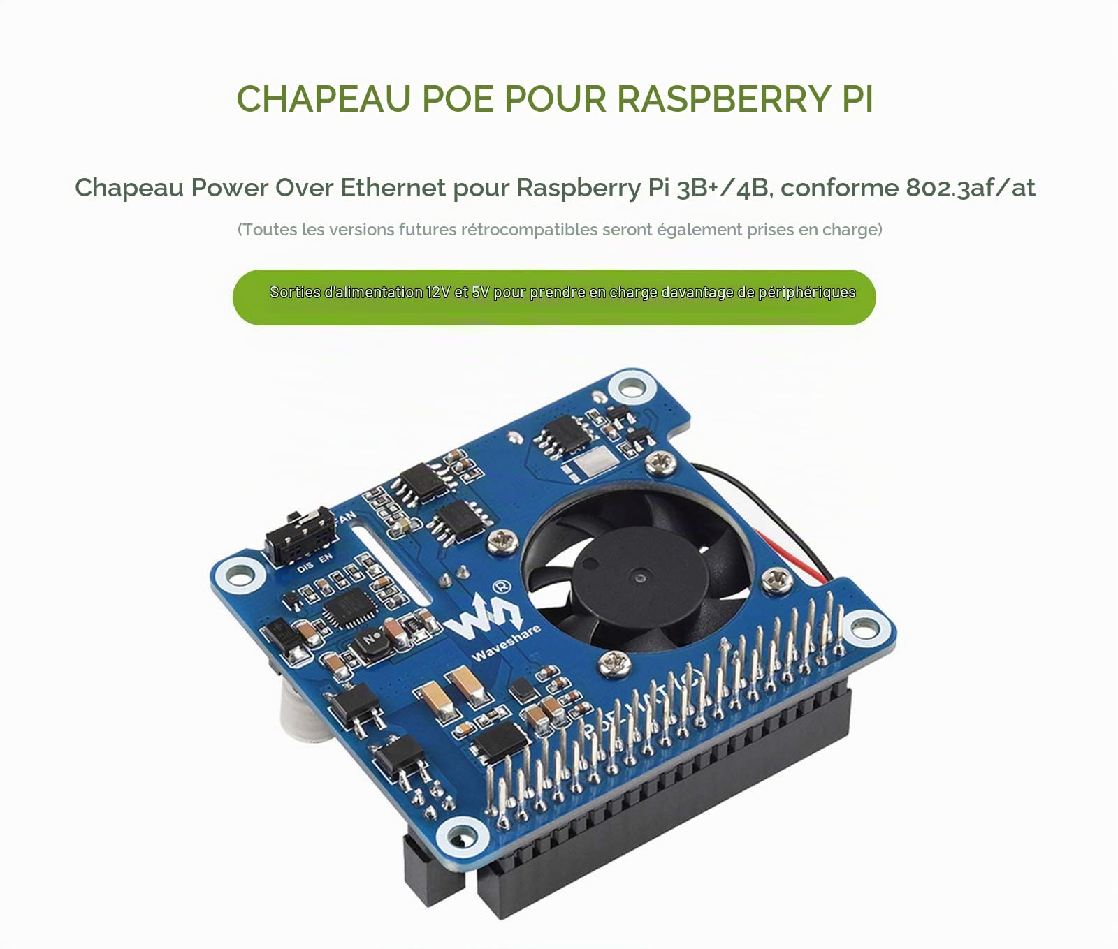 Power Over Ethernet PoE Hat pour Raspberry Pi 4B/3B+, 802.3af/at PoE Network, 5V USB-A&12V Header Outputs, PoE Carte D'extension Onboard Cooling Fan et MP8676 Buck Chip