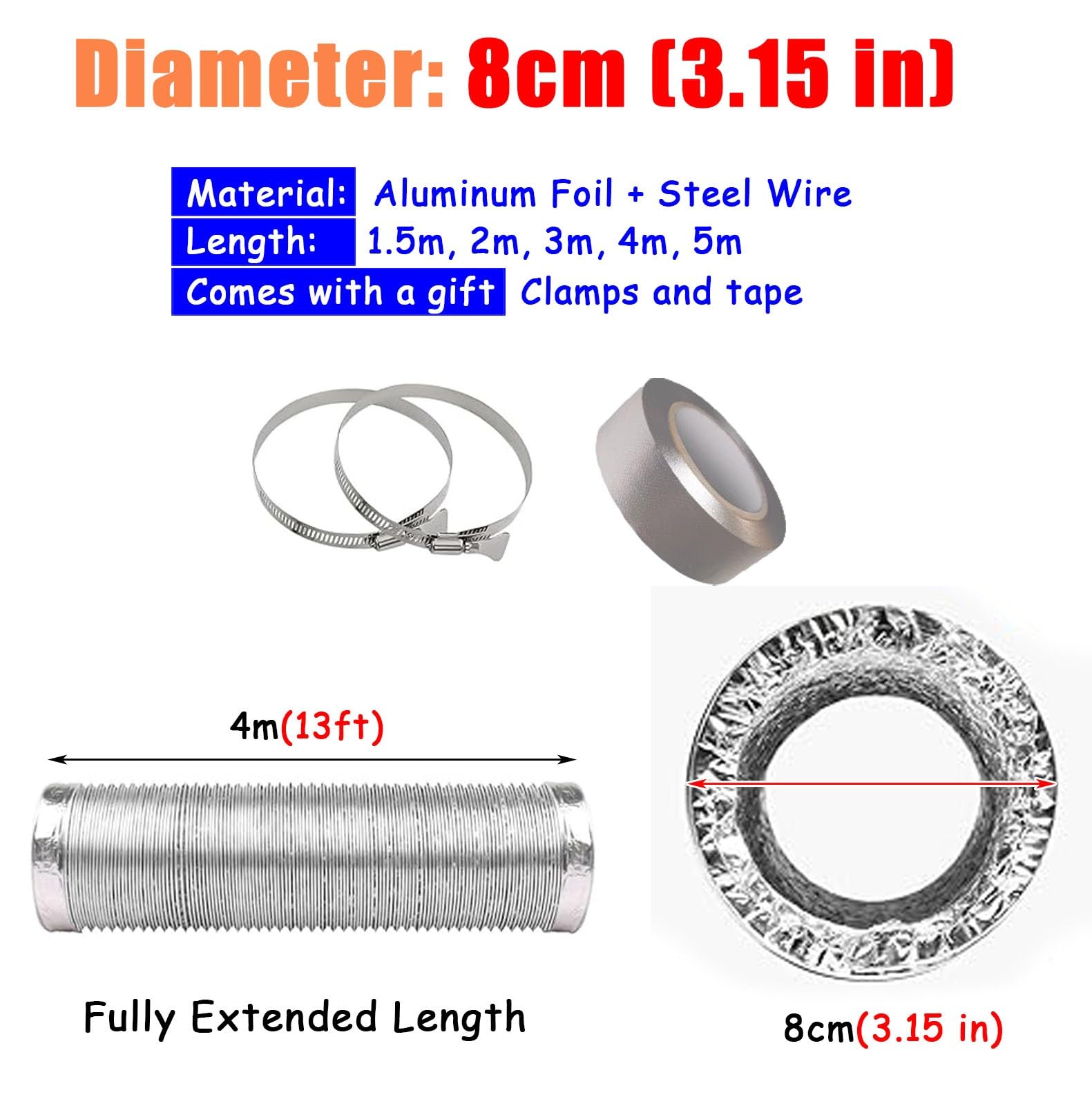 Tubo Flexible Manguera de Conducto Flexible de 80/100/120/150 Mm para Extractor de Aire, Conductos de Ventilación con Abrazaderas y Cinta, Reemplazo de Ventilación de Aluminio para Secadora de Ropa(4m