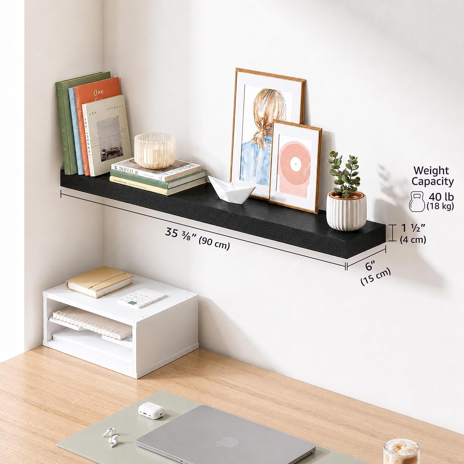 Ballucci Floating Shelf, 36" Hanging Shelf with Invisible Brackets, Wooden Floating Shelves for Walls, Book Shelf, Wall Shelves for Home Office, Bathroom, Living Room, 6 inch Deep, Black image 3