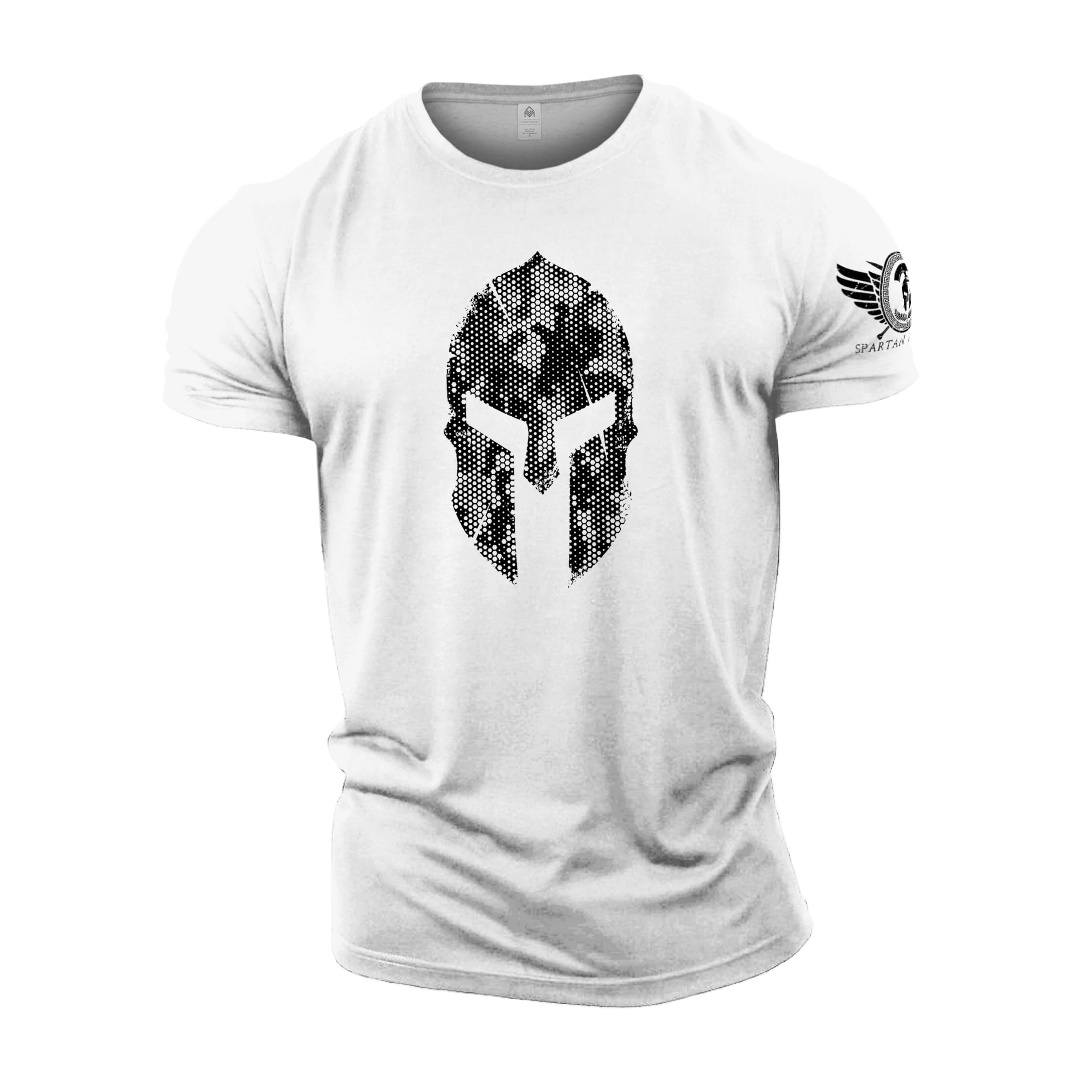 GYMTIER Spartan Forged - Spartan Helmet Hex Camo - Men's Gym T-Shirt Bodybuilding Training Workout Lifting Top Clothing