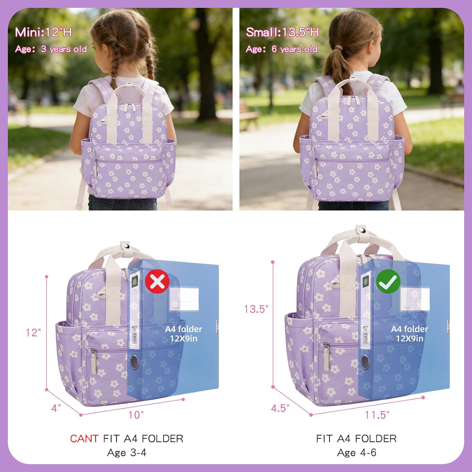 Kids Backpack for Girls 5-8 - Small Backpack for School, School Bag for Preschool Kindergarten, Cute Bookbag with Cartoon Patterns, Lightweight Kids Backpacks for Travel (Purple Flower)