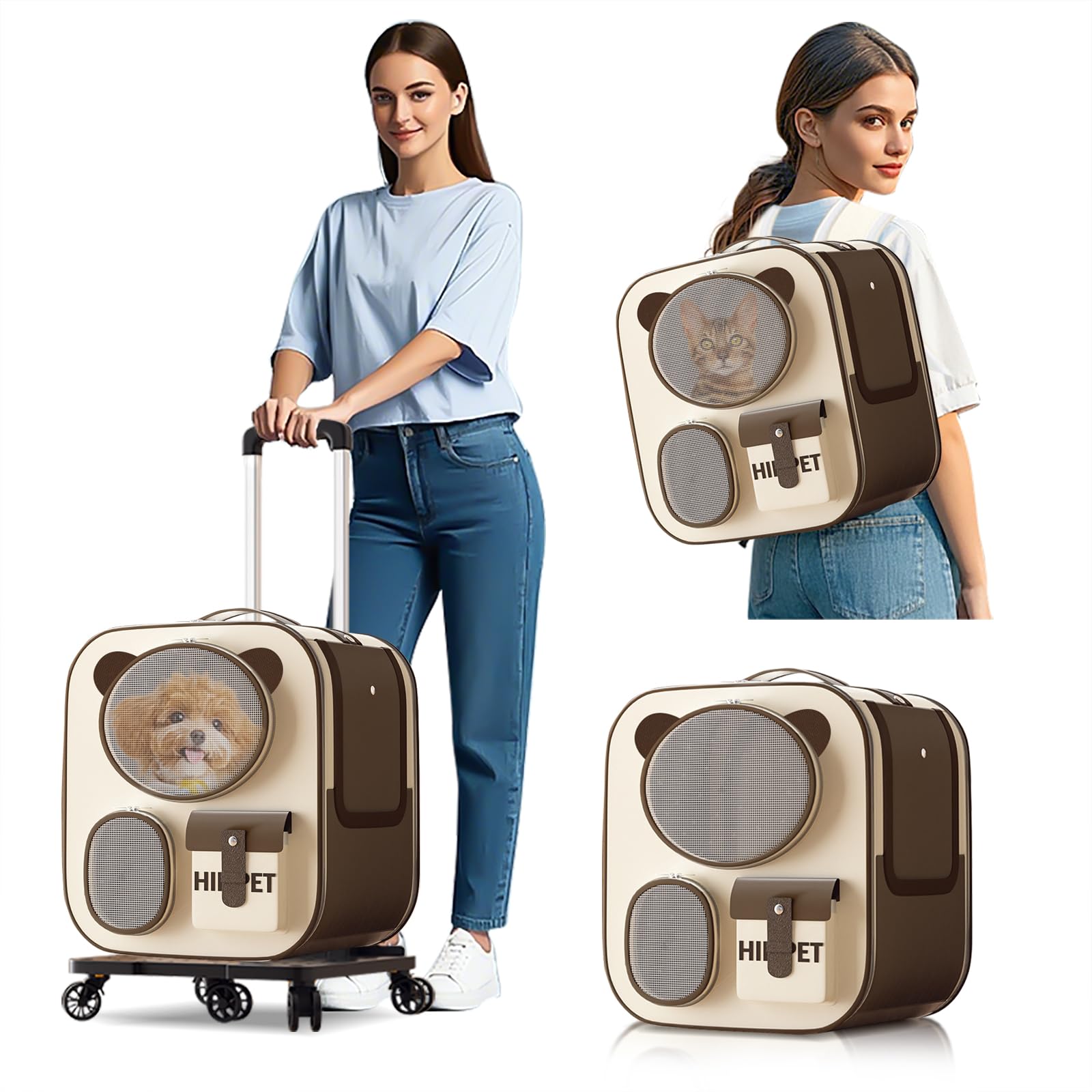 PETCUTE Transportín para Mascotas con Ruedas,Carga de 12.5 kg,Mochila para Perros con Asa Telescópica,Mochila Plegable para Gatos con Alfombrilla Extraíble,para Viajes/Senderismo,Marrón