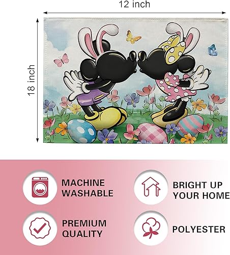 Miniatura 2 de Croar Juego de 4 manteles individuales de ratón de dibujos animados de Pascua, orejas de conejo, huevos y flores, decoración de mesa, decoración de
