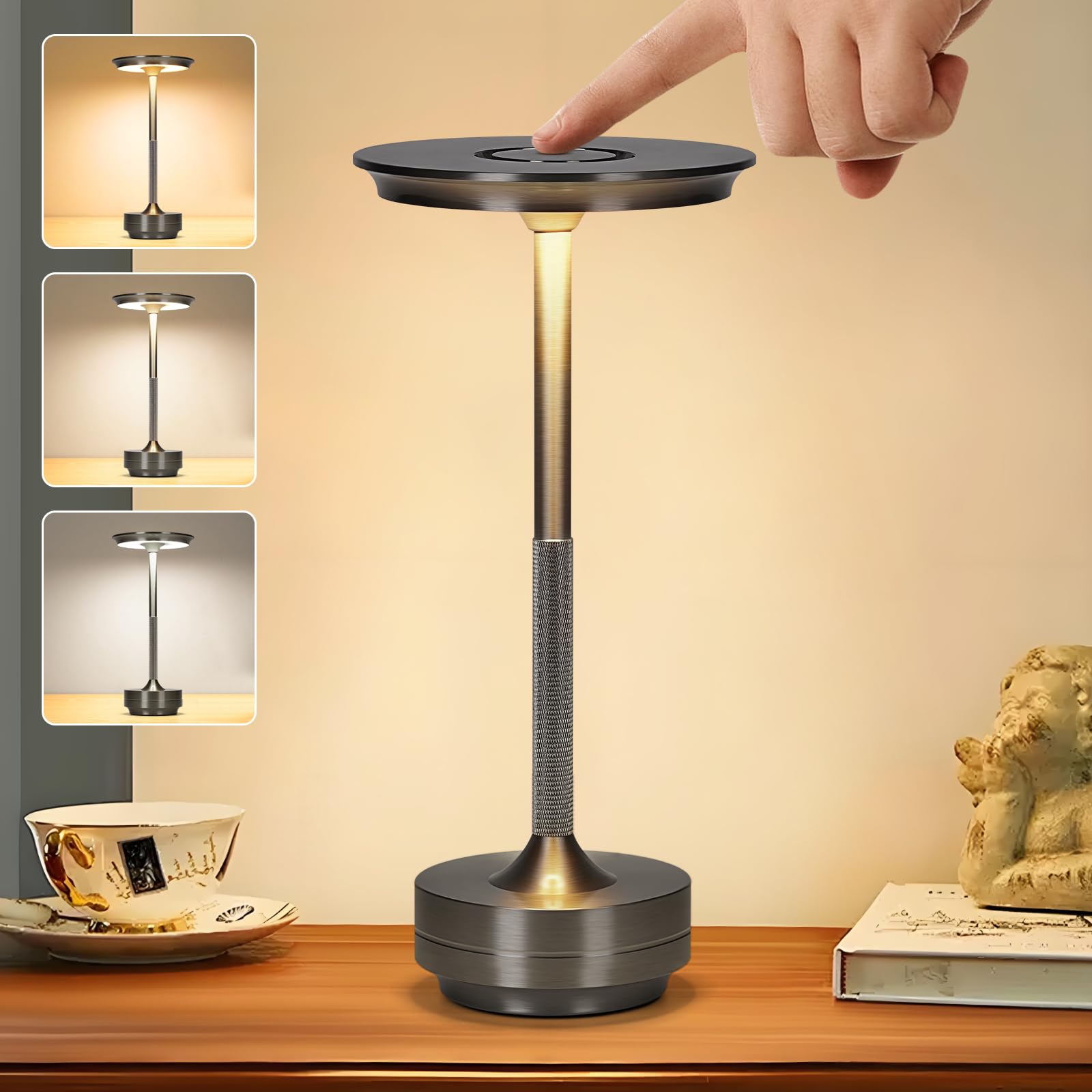 Cordless Table Lamp,Wireless LED Table Lamp Rechargeable for Indoor Outdoor,3 Color Stepless Dimming Night Light Touch Lamp,Battery Operated Table Lamps,Protable Desk Lamp for Home Restaurant Patio