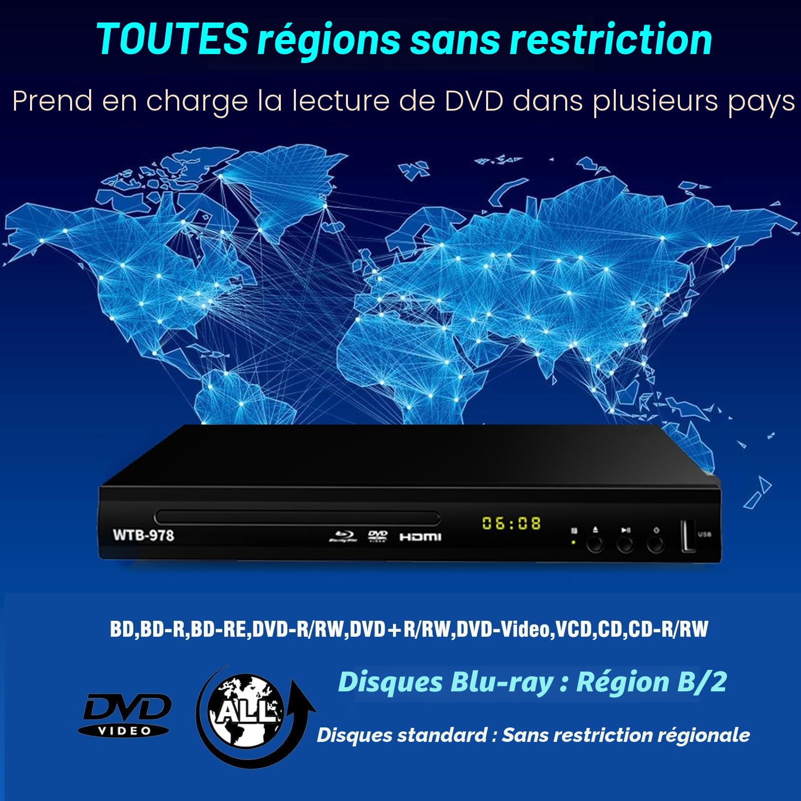 Lecteur DVD Blu-Ray Multimédia Dolby Audio Full HD 1080p HDMI Sortie AV Coaxiale Région B