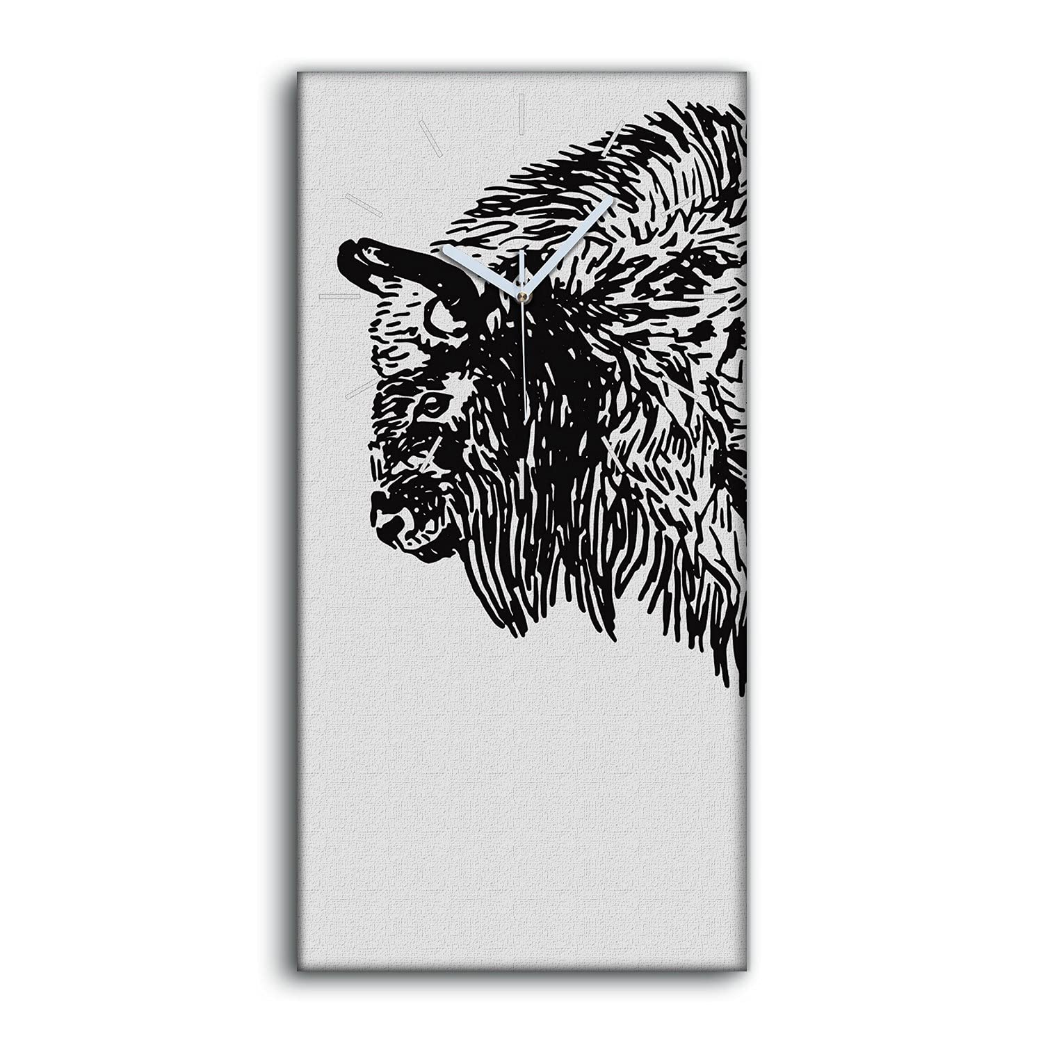 Horloge sur toile bison 30x60cm art mural noir et blanc pour salon