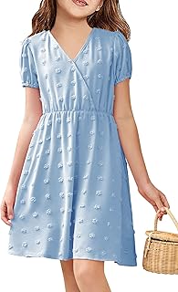 Girls' Swiss Dot Dress Kids Casual Babydoll V-Neck Flowy A Line Party Swing Mini Dresses for 5-14 Years - Buy now