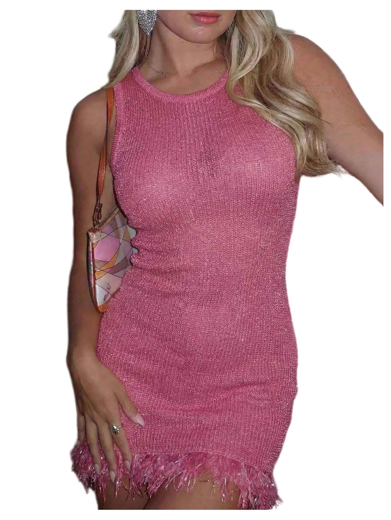GORGLITTER Women's Sequin Fringe Dress Y2k Sparkly Knit Mini Dresses Sleeveless Glitter Crochet Dress, Bodycon, Sexy Party Club Clothes, Country Concert Going Out Outfits