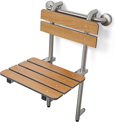 Miniatura 10 de Seachrome Asiento de ducha portátil, banco de perfil, colgado por barra de agarre con respaldo y patas, teca (Modelo SSGBH-180160-PT)