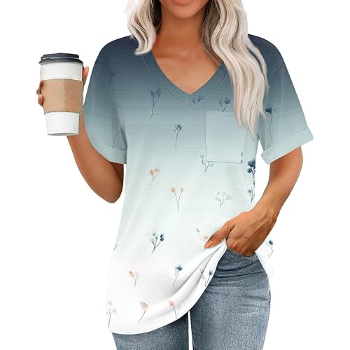 Womens Short Sleeve Tops Summer V Neck Casual Vintage Floral Print Shirts Tunic Blouses with Chest Pocket