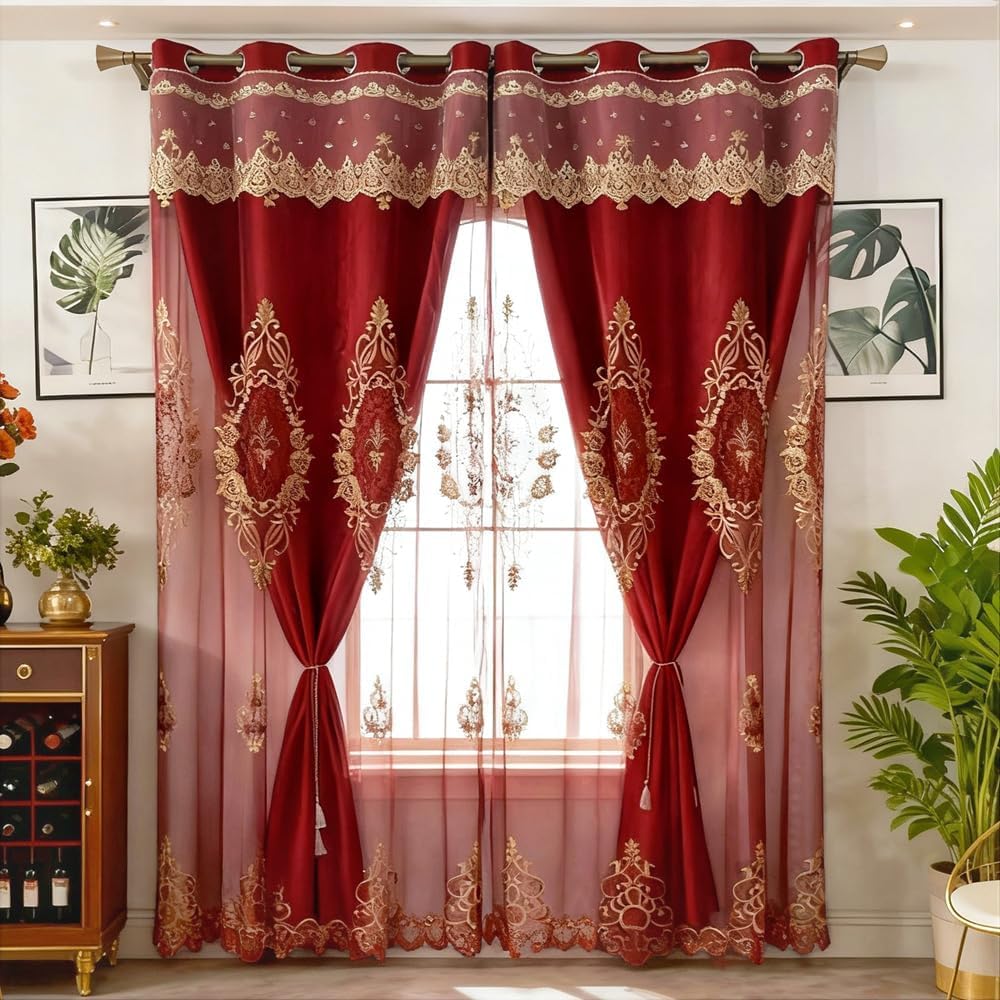 Amidoudou 2 Panels Luxury Embroidered Curtains with Valance, Double Layer Flower Design for Living Room & Bedroom, Red, 52x96 Inch