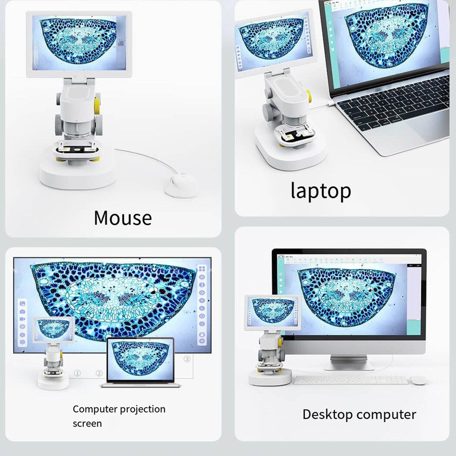 Microscopio biologico con schermo multi-touch da 9 pollici, doppia sorgente luminosa a LED e 3 set di obiettivi per connessione multi-dispositivo