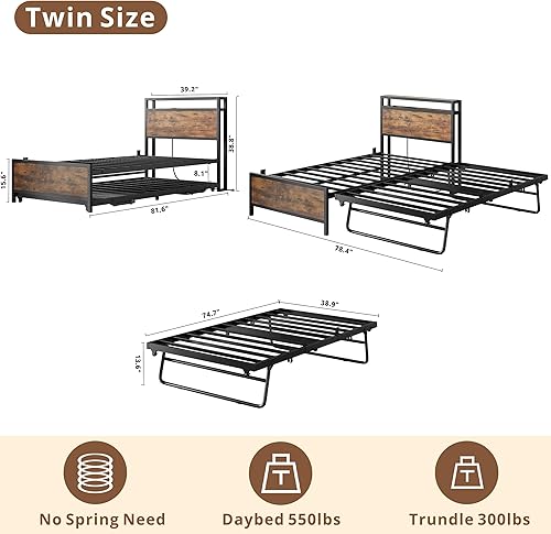 Vista 2 de IRONCK Sofá cama individual con nido, marco de cama de metal resistente con cabecera de almacenamiento y estación de carga, cama nido desplegable