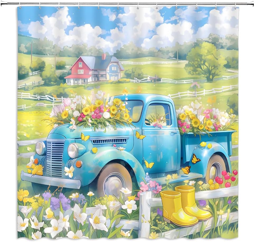 4 Piece Spring Truck Floral Shower Curtain Sets with Rugs, Toilet Lid Cover, Farmhouse Car Butterfly Country Rustic Cabin Woman Girls Romantic Nature Oil Bathroom Shower Curtain with 12 Hooks