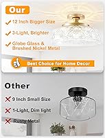 Vista 2 de Lámpara de Techo Semiempotrada, Accesorio de Iluminación de Techo Dorado Grande de 12 Pulgadas, 3 Luces con Globo de Vidrio Estilo Casa de Campo