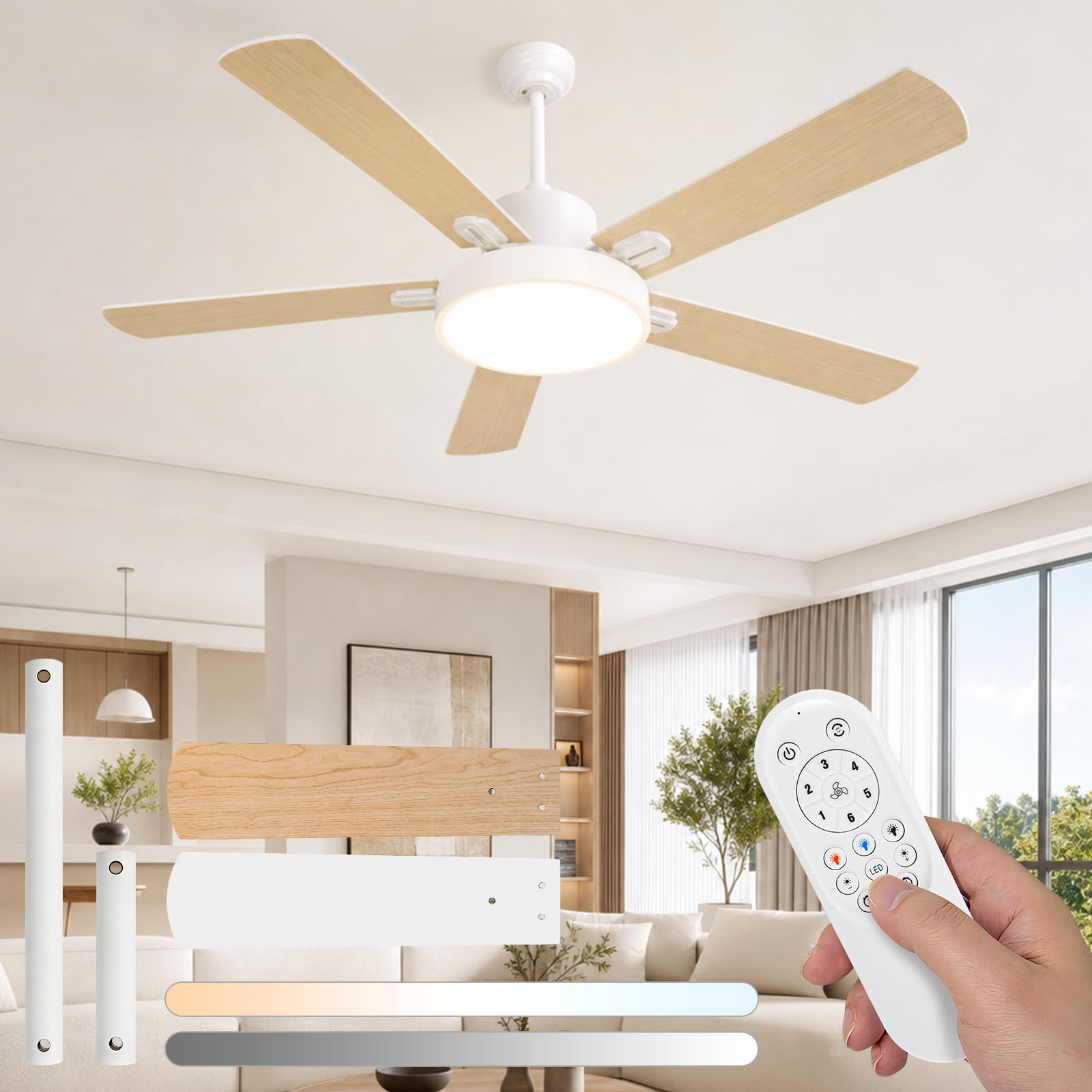 Aigostar Ventilador de Techo con Luz Silencioso 52″, Motor DC Reversible 29W, 31.5W LED, Mando a Distancia, 6 Velocidades, 3000K/4000K/6500K Regulable, Ideal para Dormitorio, Sala o Cocina