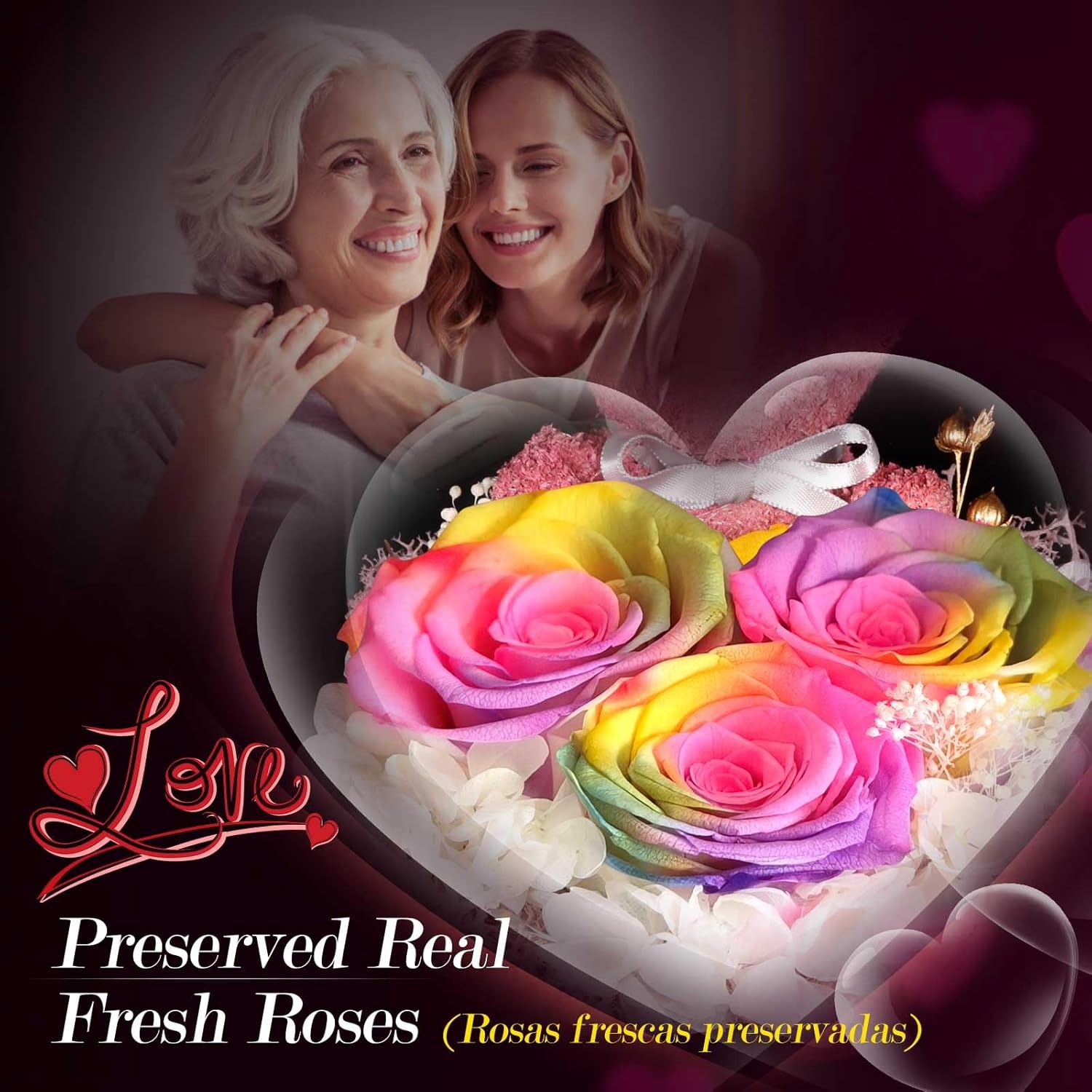 ADDWel Unique Gifts for Mom, Preserved Real Rainbow Rose with 100 Languages I Love You Necklace, Romantic Valentine's Day Birthday Anniversary Present for Mother Mama Stepmom from Daughter and Son - Image 3