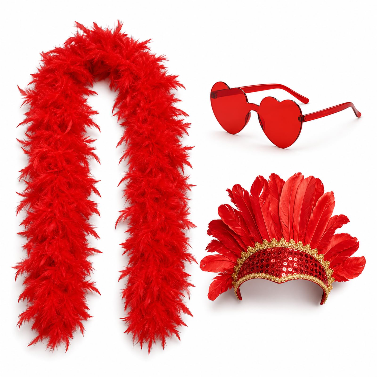 3PCS Red Feather Boa, Feather Scarf, with Heart Glasses and Headband Set