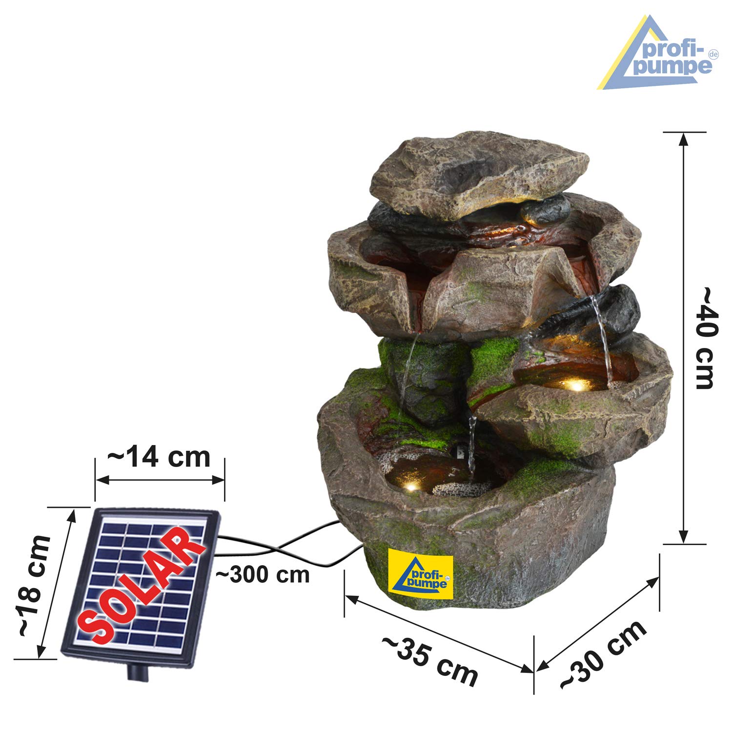 Fontana da giardino solare con luce LED, cascata in pietra SCHWARZWALD