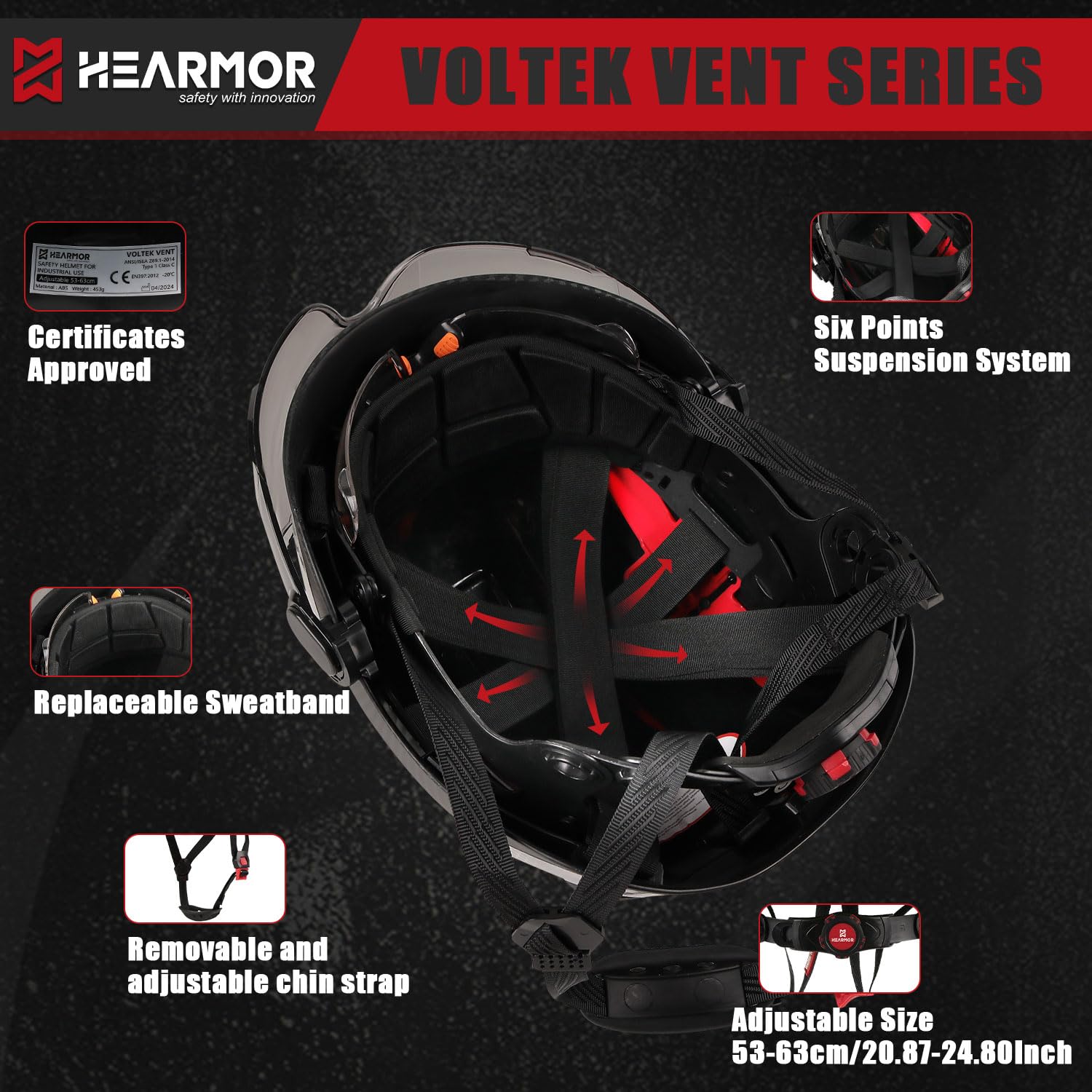 HEARMOR Casco de seguridad, casco de protección con certificación ANSI Z89.1 y EN397, ligero, transpirable, con suspensión de 6 puntos, perfecto para campos industriales y de construcción