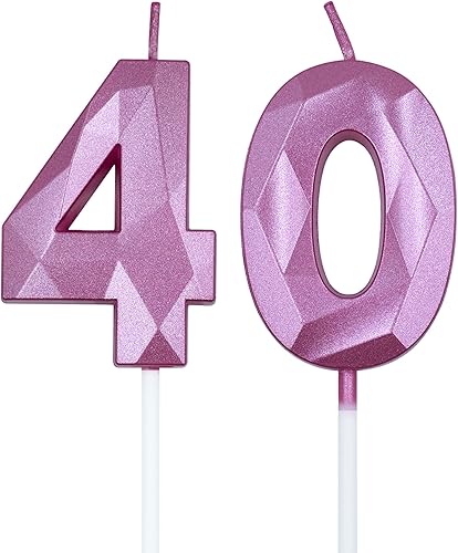 Velas de cumpleaños de 40 para pastel, color rosa, número 40, 3D, forma de diamante, decoración de cumpleaños, suministros de fiesta para mujeres u