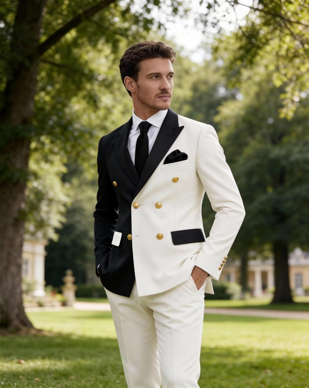 Double Breasted Suit Men Slim Fit Wedding Homecoming Prom Gold Button Blazer Pants Outfit