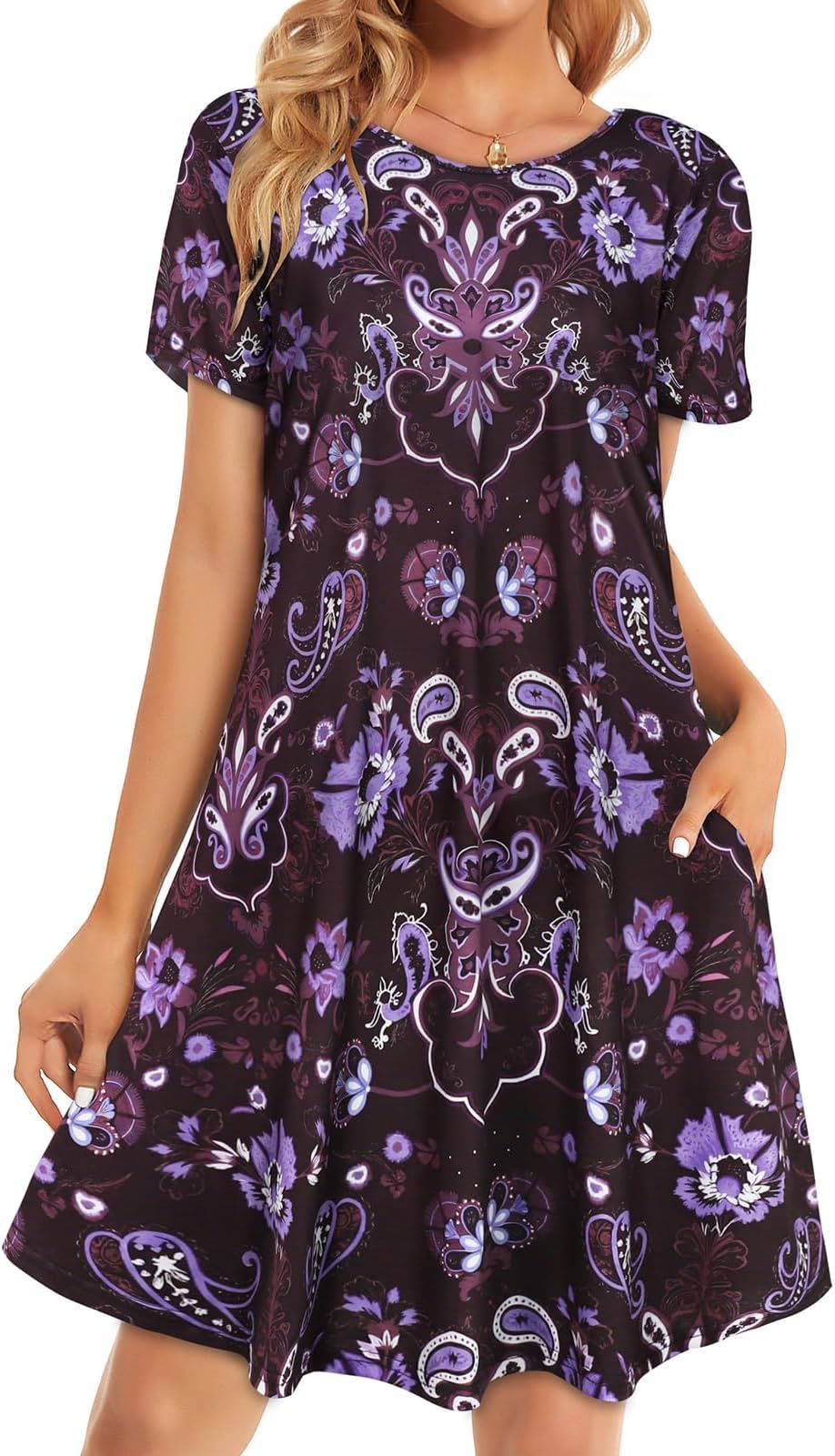 elescat Womens Summer Dresses Casual Loose Tshirt Floral Pockets Sundress | 2026 Boho Flowy Short Sleeve Dress, Two Hidden Pockets, Loose Beach Cover Up, Solid or Floral, Fashion Vacation Outfits