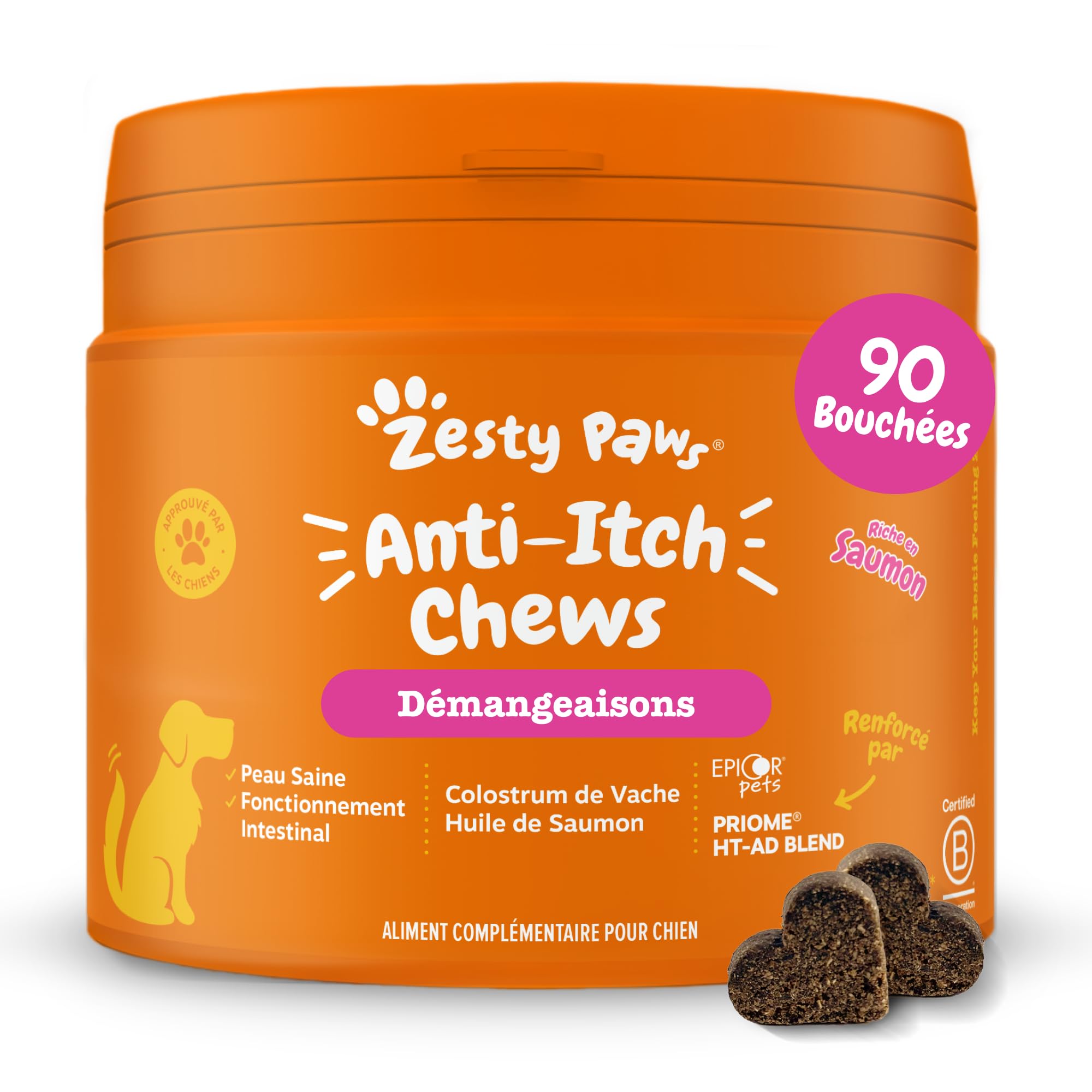 Zesty Paws Bouchées Anti-Démangeaisons pour Chien | Apaise Peau, Pattes & Oreilles Irritées | Soutient Immunité, Digestion et Peau | Avec Huile de Saumon & Probiotiques | Usage Quotidien | 90 Bouchées