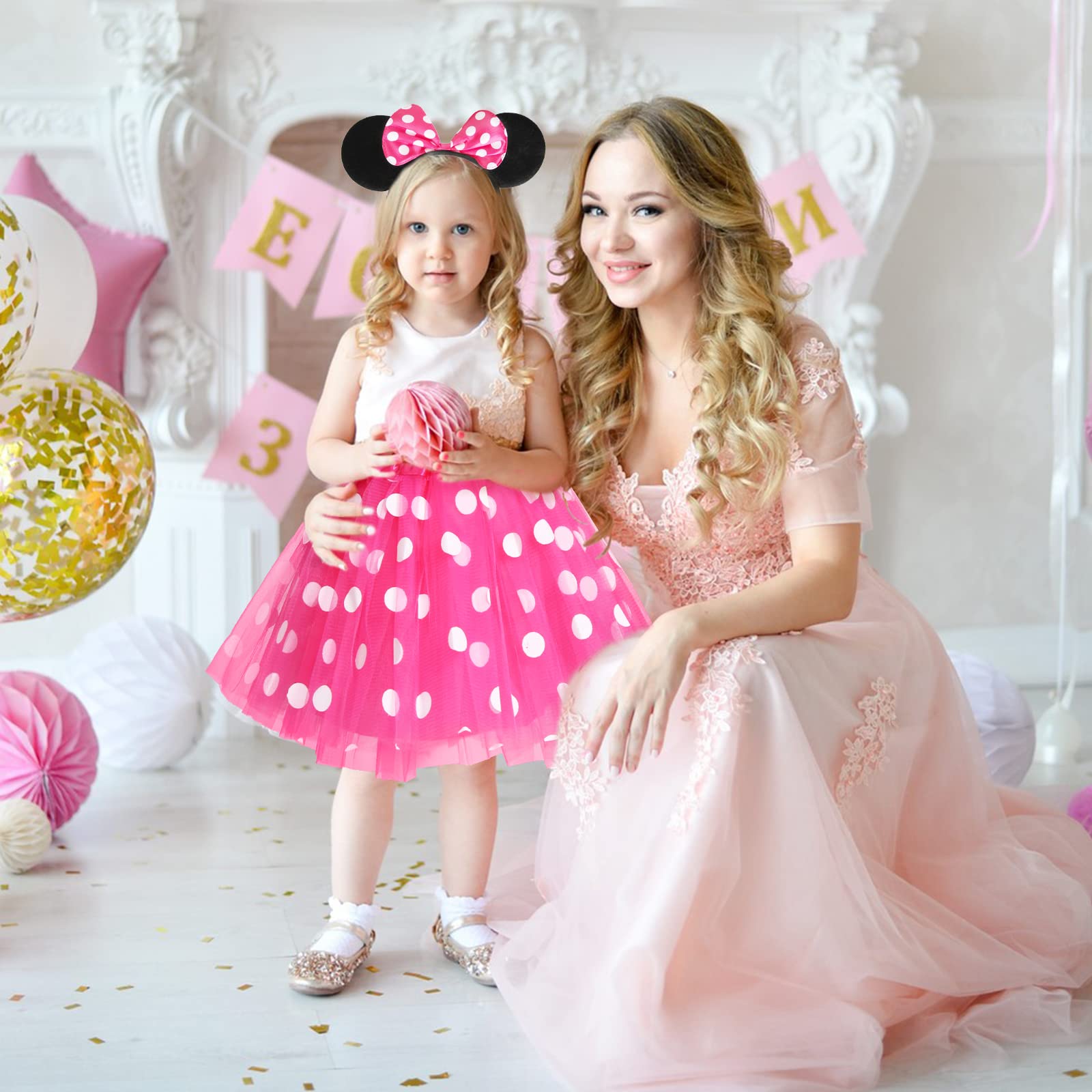Capaneus Disfraz de Carnaval Mouse para Niña,Tutu Falda con Orejas de Ratón Aro de Pelo,Bebé Chicas Disfraz de Ratón,Conjunto de Disfraz para Carnaval Halloween Cosplay Fiesta Cumpleaño-Rosa &Rojo