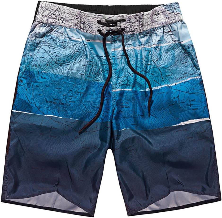 Men's Quick Dry Swim Board Shorts Surfing Trunks World Map Printing Beach Shorts Blue