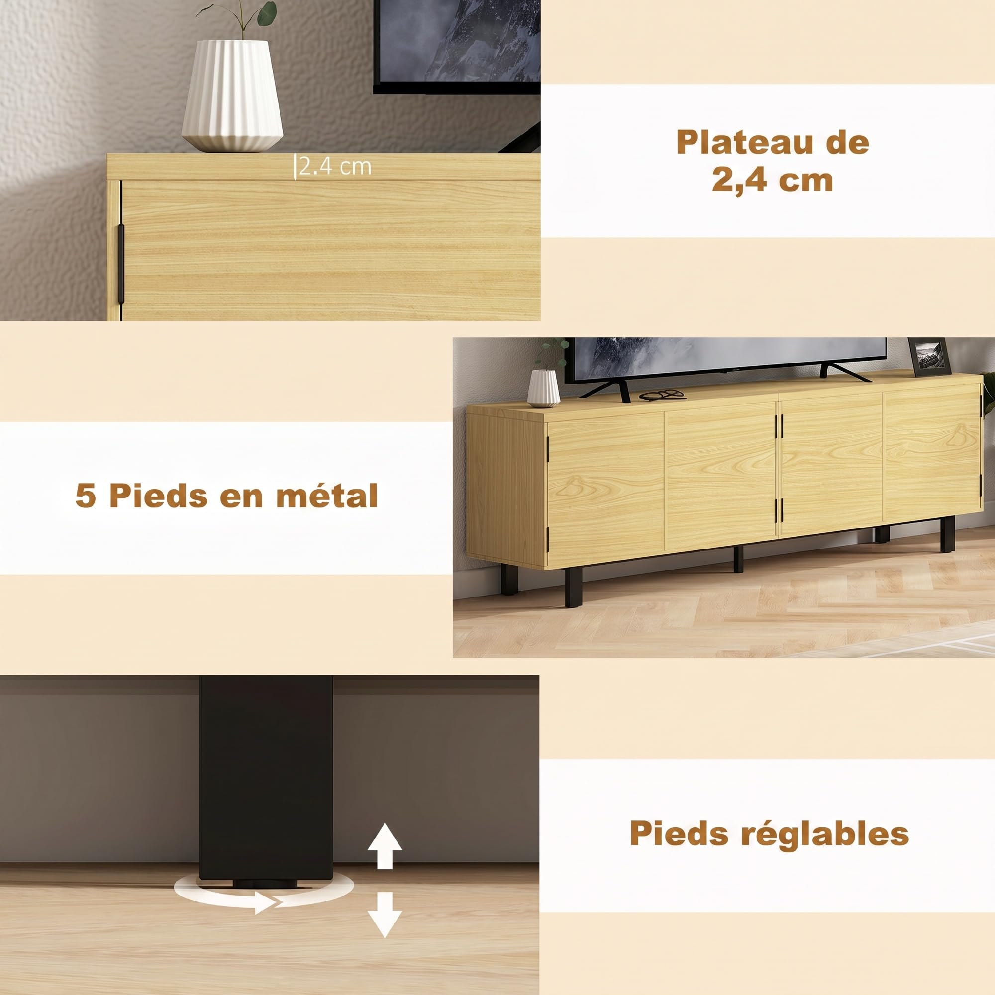 HOMCOM Meuble TV 180 cm Téléviseur jusqu'à 82 Pouces Effet Bois Naturel